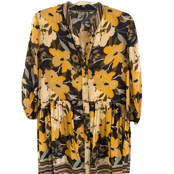 Blank London Dress Sz M Yellow Floral Womens Tunic Button Down Roll Tab Boho - Picture 4 of 14